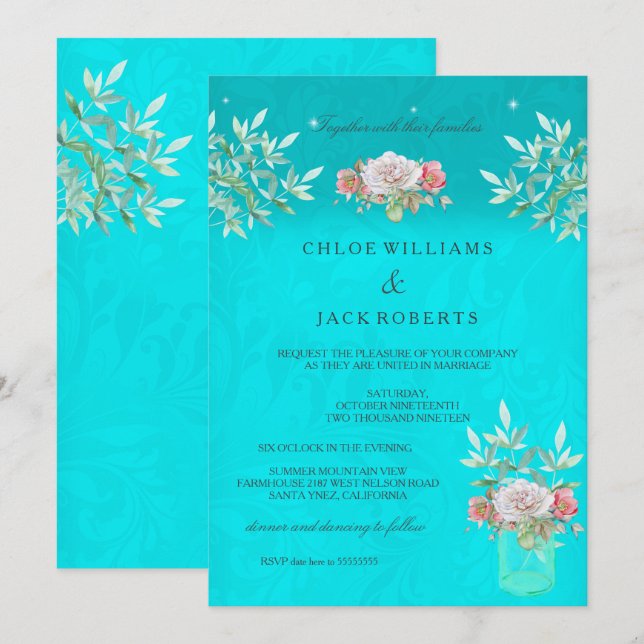 Wedding Teal Floral Mason Jar Pink White Rose Invitation (Front/Back)