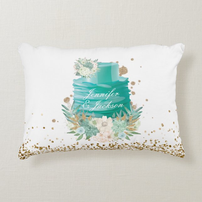 Wedding teal white faux golden custom name accent pillow (Front)