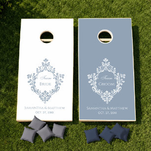 Wedding Team Bride Groom Dusty Blue White Elegant Cornhole Set
