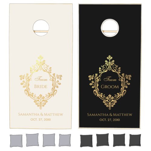 Wedding Team Bride Groom Elegant Ivory Black Gold Cornhole Set