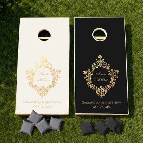 Wedding Team Bride Groom Elegant Ivory Black Gold Cornhole Set