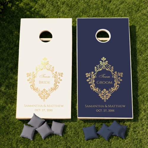 Wedding Team Bride Groom Ivory Navy Gold Vintage Cornhole Set