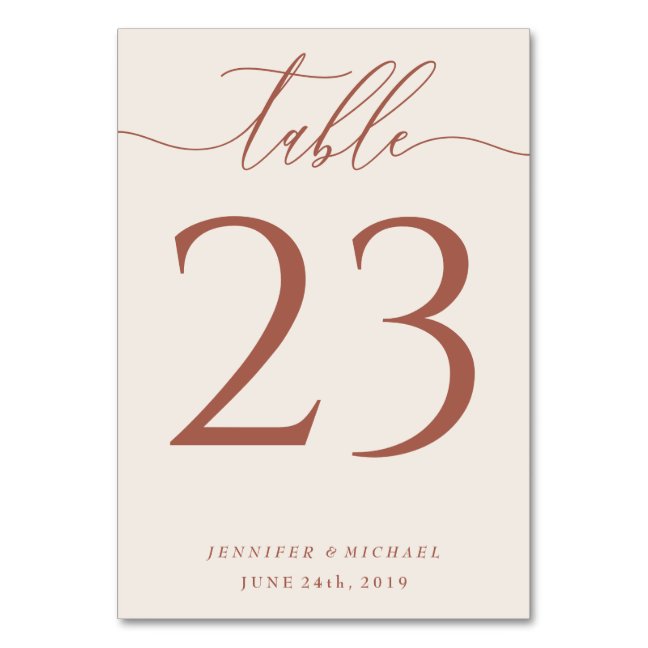 Wedding terracotta beige script seating table number
