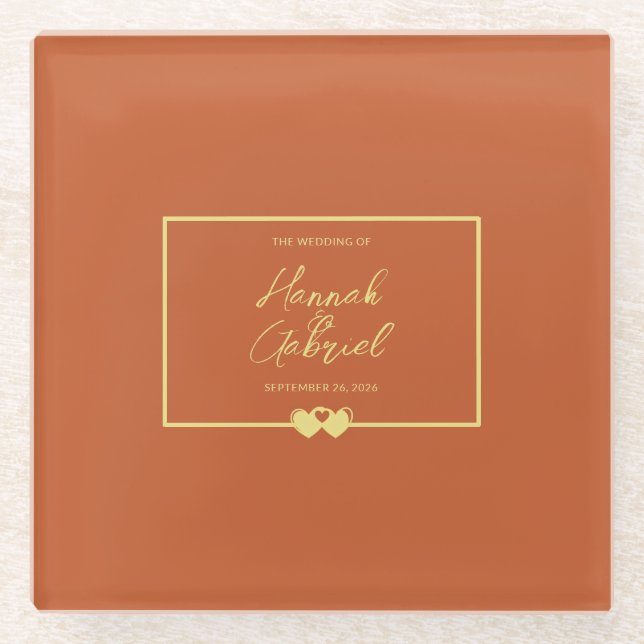 Wedding Terracotta Gold Pillar Candle Glass Coaster (Front)