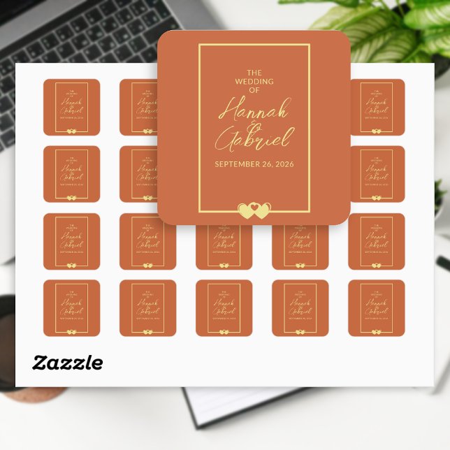 Wedding Terracotta Gold Square Sticker (Terracotta and Gold wedding stickers)