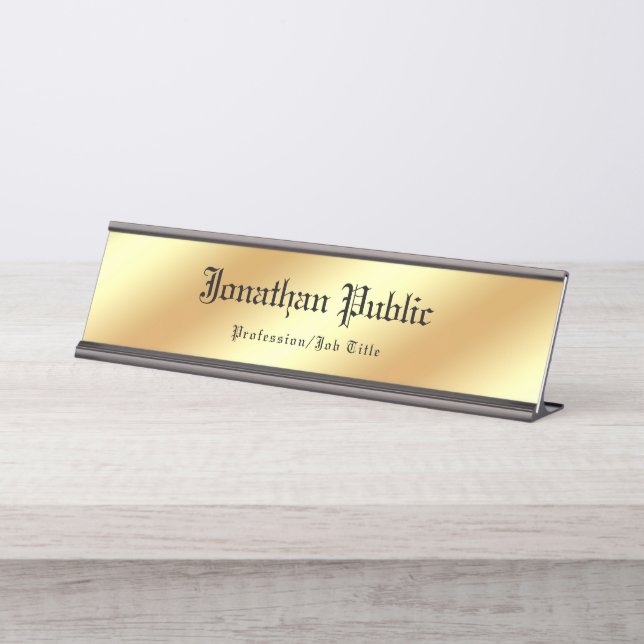 Wedding Text Script Calligraphy Template Gold Chic Desk Name Plate (Front)