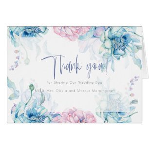 Wedding Thank Sky Blue Bubblegum Pink Peonies Cards