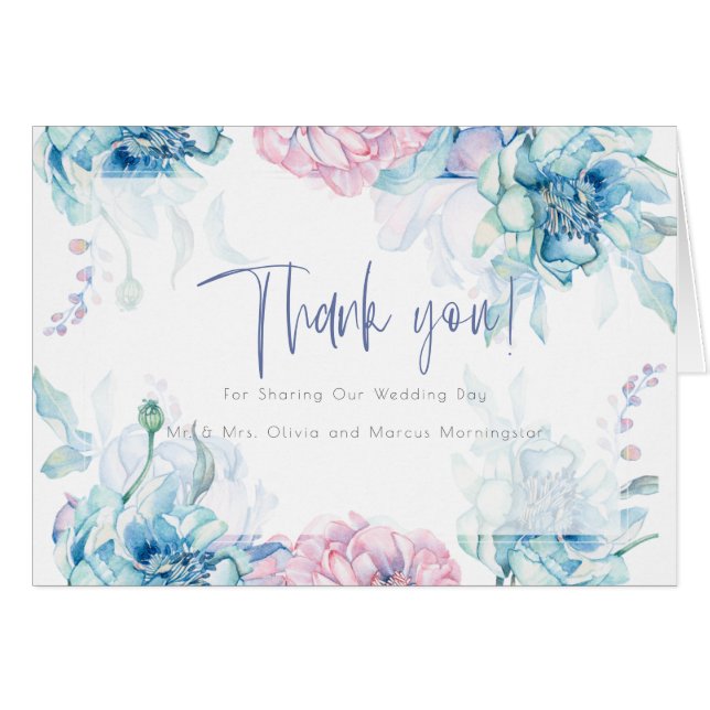 Wedding Thank  | Sky Blue Bubblegum Pink Peonies Cards (Front Horizontal)