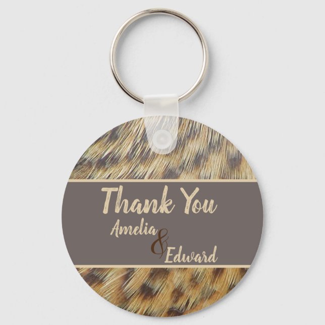 Wedding Thank You Animal Print Feather Guest Keychain (Front)