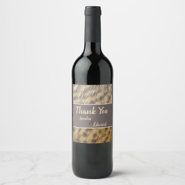 Wedding Thank You Animal Print Feather Guest Wine Label (Front)