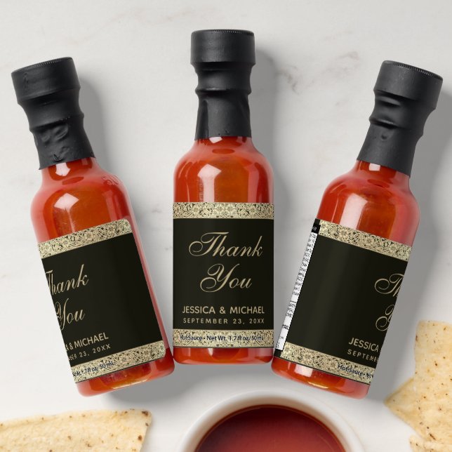 Wedding Thank You Black Gold Elegant Floral Hot Sauces (Laydown)