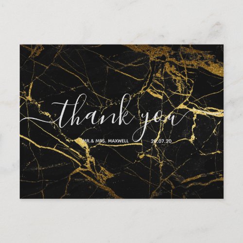 Wedding Thank You  Black Gold Marble Script Postcard