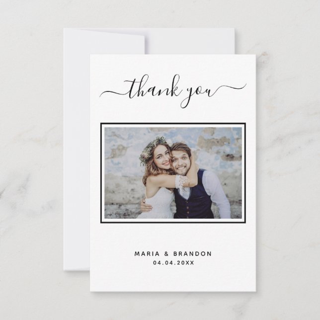 Wedding thank you black white typography photo card (Front)