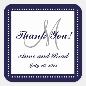 Wedding Thank You Blue Monogram Names Sticker by MonogramGalleryGifts at Zazzle
