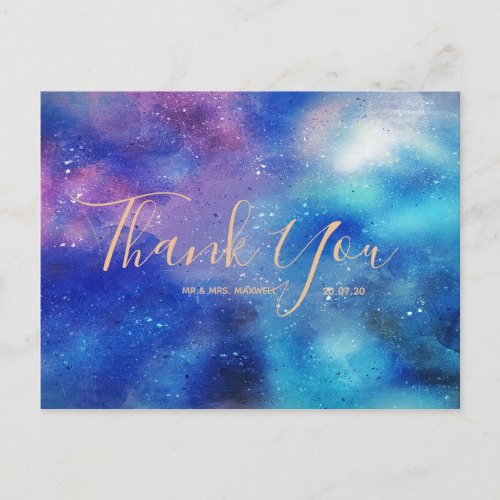 Wedding Thank You Blue Watercolour Script Postcard