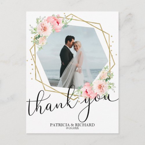 Wedding Thank You Blush Floral Gold Foil Geometric Postcard