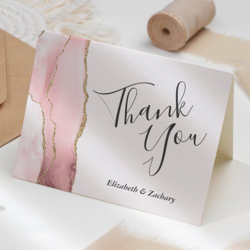 Wedding Thank You Blush Pink Agate Gold Glitter Card