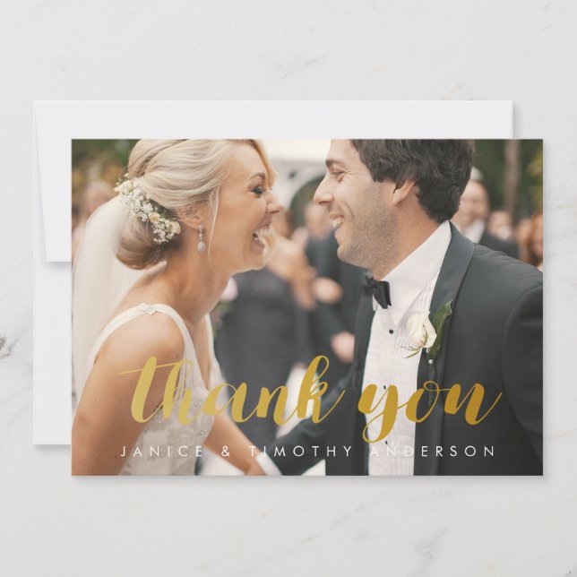 wedding thank you bride groom photo gold faux foil (Front)