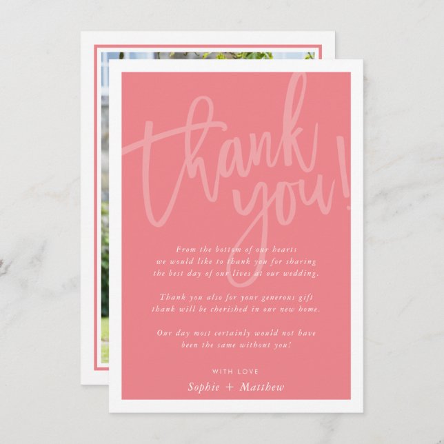 WEDDING THANK YOU brush lettered script coral pink Invitation (Front/Back)