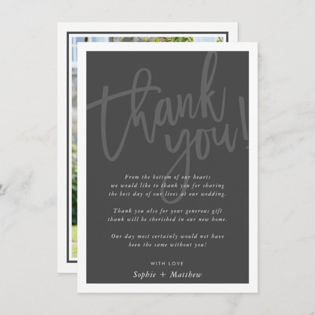 WEDDING THANK YOU brush lettered script dark gray Invitation (Front/Back)