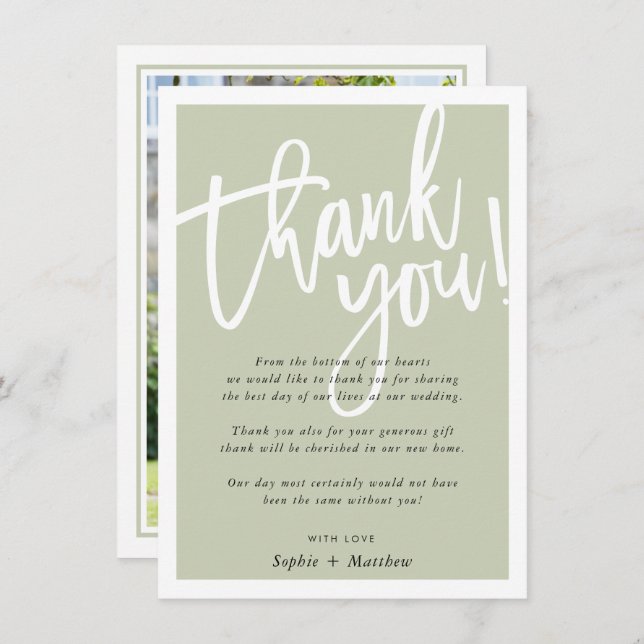 WEDDING THANK YOU brush lettered script sage green Invitation (Front/Back)