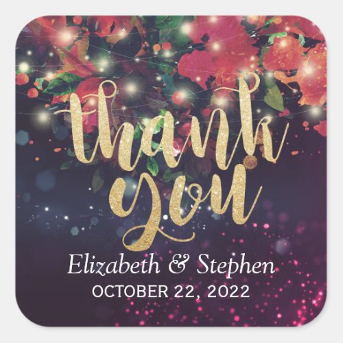 Wedding Thank You Burgundy Red Floral String Light Square Sticker