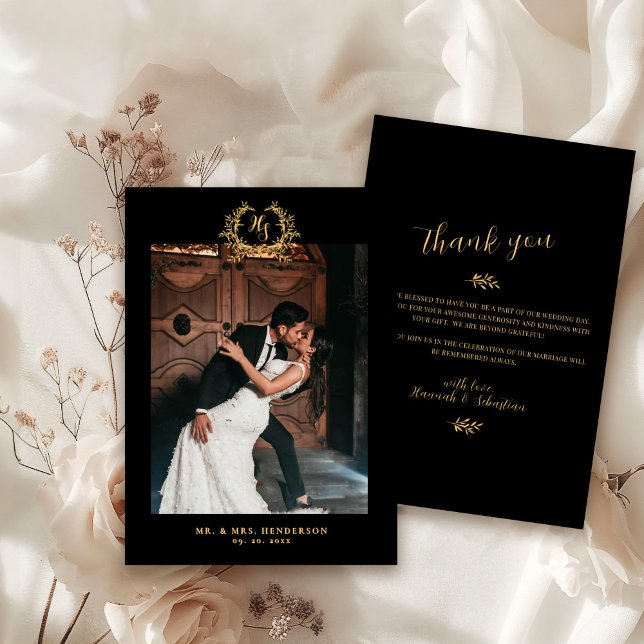 Wedding Thank You Card Botanical Black Gold Photo  (Creator Uploaded)