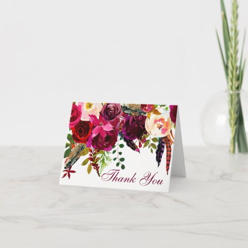 Wedding Thank You Card _ Burgundy Floral Feathers