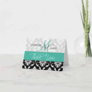 Wedding Thank You Card Damask Monogram Turquoise