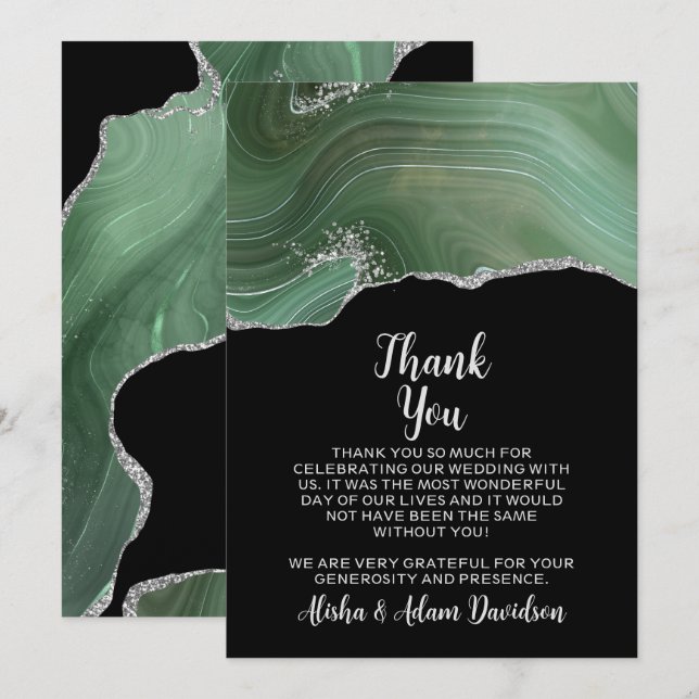 Wedding Thank You Card Green Silver Glitter Black (Front/Back)