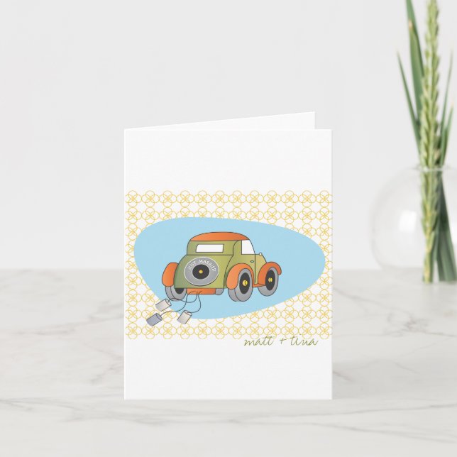 Wedding Thank You Card - Retro Just  Married Car (Front)