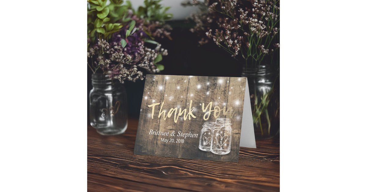 Wedding Thank You Card Rustic Wood Mason Jar Light | Zazzle