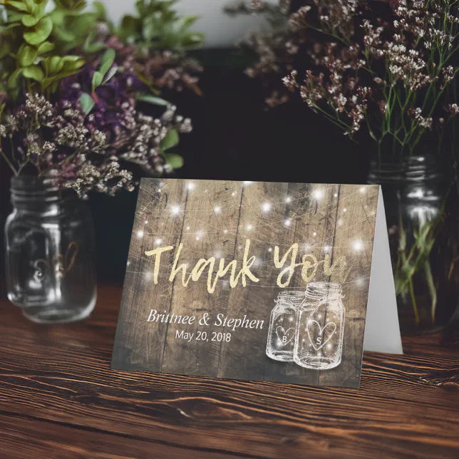 Wedding Thank You Card Rustic Wood Mason Jar Light | Zazzle