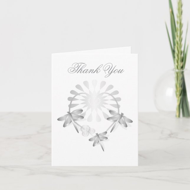 Wedding Thank You Card Silver Dragonflies Heart  (Front)