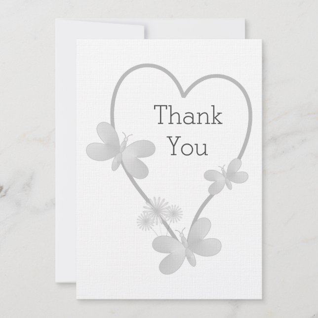 Wedding Thank You Card Silver Heart Butterflies (Front)