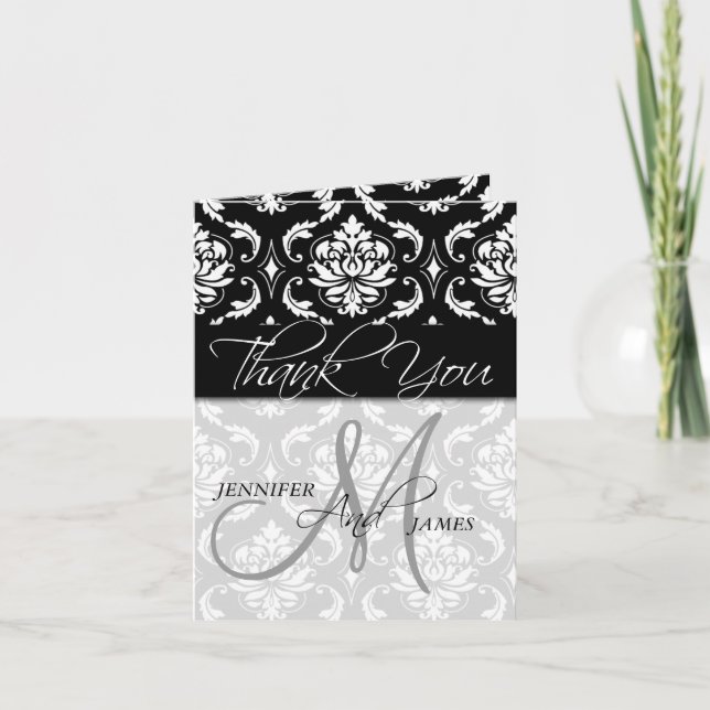 Wedding Thank You Cards Black Damask Monogram (Front)