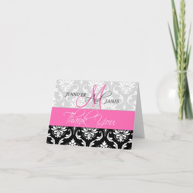 Wedding Thank You Cards Damask Monogram Hot Pink (Front)