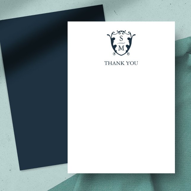 Wedding Thank You Cards Elegant Monogram Crest (thank you card navy blue monogram crest)