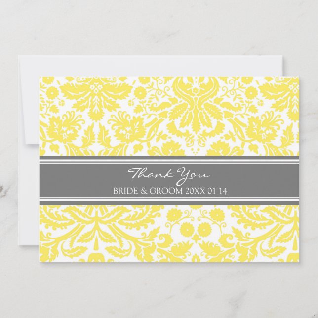 Wedding Thank You Cards Lemon Gray Damask (Front)
