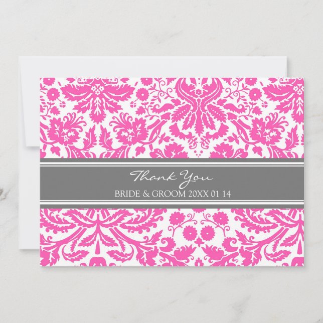 Wedding Thank You Cards Pink Gray Damask (Front)