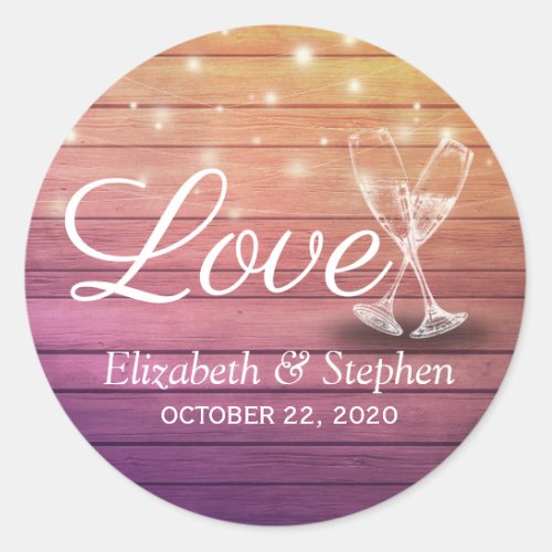 Wedding Thank You Champagne Glasses Wood Lights Classic Round Sticker