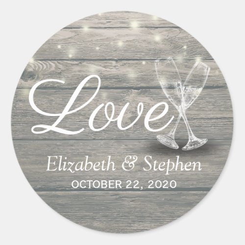 Wedding Thank You Champagne Glasses Wood Lights Classic Round Sticker