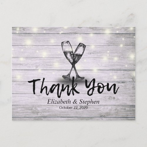 Wedding Thank You Champagne Glasses Wood Lights Postcard