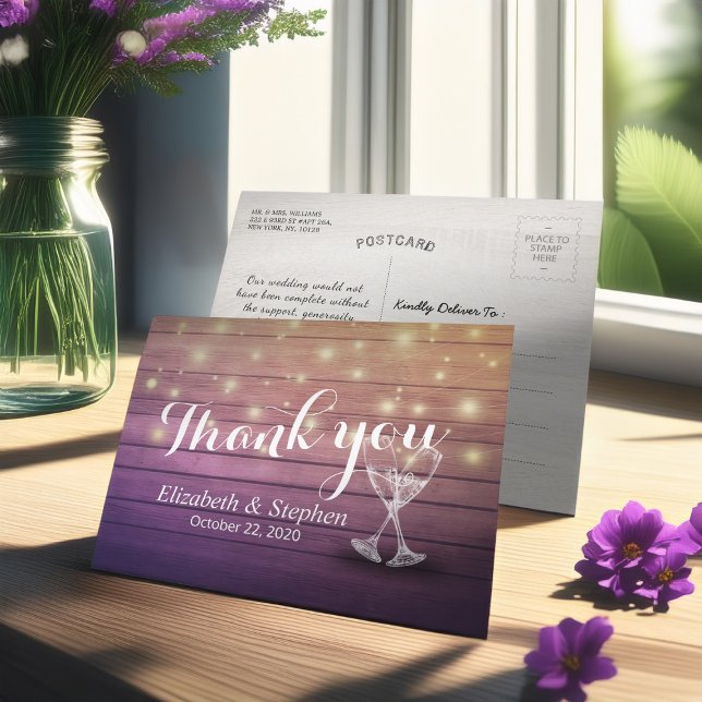 Wedding Thank You Champagne Glasses Wood Lights Postcard (Creator Uploaded)