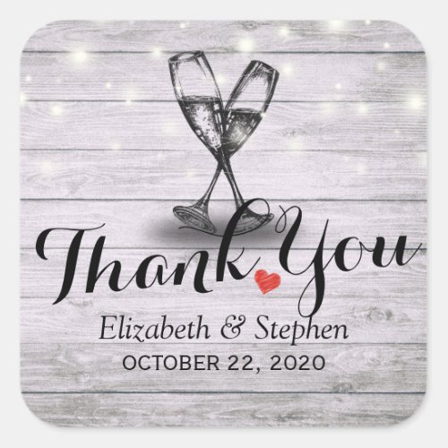 Wedding Thank You Champagne Glasses Wood Lights Square Sticker