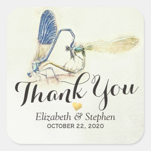 Wedding Thank You Chic Dragonfly Mating Love Heart Square Sticker