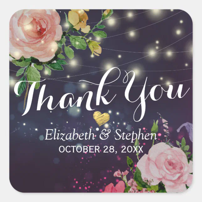 Wedding Thank You Chic Floral Purple String Lights Square Sticker | Zazzle