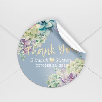 Wedding Thank You Chic Watercolor Succulent Plants Classic Round Sticker by ReadyCardCard at Zazzle