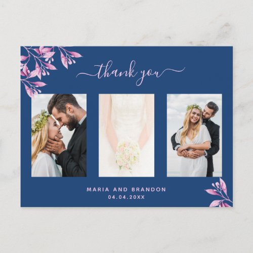 Wedding thank you custom photo blue pink florals postcard