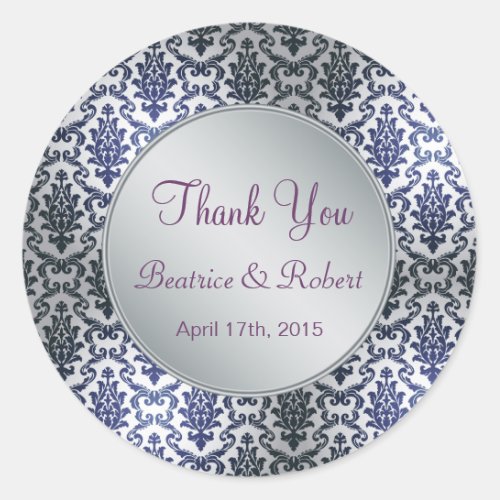 Wedding Thank you damask dark blue and silver Classic Round Sticker